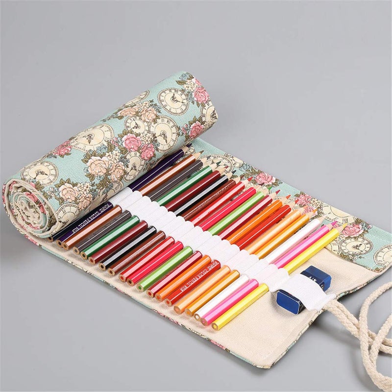 Funny live 36/48/72 Slots Colored Pencil Wrap Pencils Roll Holder Coloring Pencils Organizer Holder Colored Pen Paint Brush Storage Pouch Portable for Artist Student (Clock, 36 Slots) - Image 2